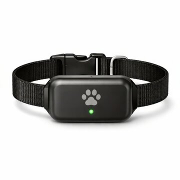 Adjustable black GPS pet collar with central tracking module and green status light lies on a white background, ideal for pet safety, outdoor adventures, and smart tracking solutions.