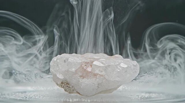 A rough cut chunk of natural rock salt with smoke