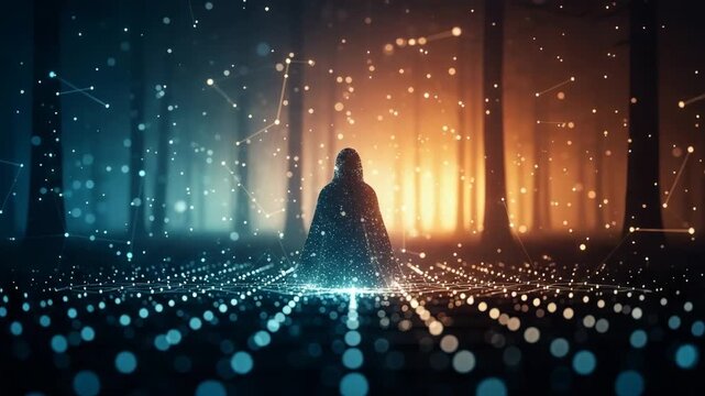 Hooded Figure Standing In Digital Forest Surrounded By Glowing Data Points With Blurred Trees Bokeh Effect Technology Connection For Digital Art Science Fiction