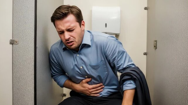 Man Experiencing Stomach Pain Sitting In Bathroom Stall Holding His Abdomen In Distress With Tissue Dispenser In The Background Stock Photo About Illness Health Issues Medical Proble