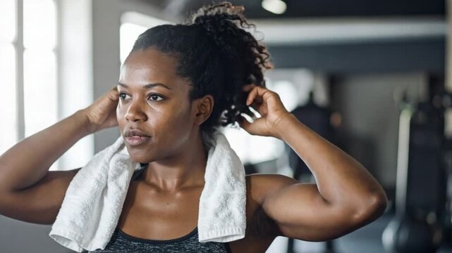 Determined African American woman tying hair in gym before exercise