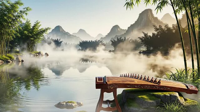 Serene Mountain Lake with Traditional Chinese Zither Instrument and Misty Bamboo Forest Scenery - Background Footage
