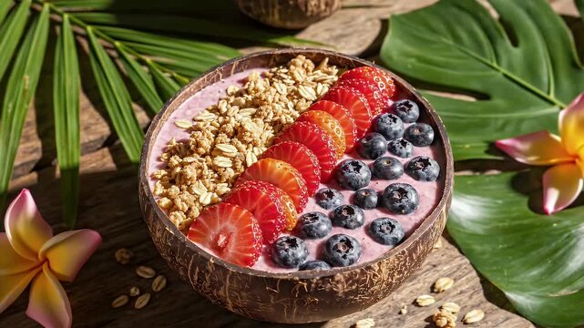 A smoothie bowl decorated with precise rows of fruit and granola