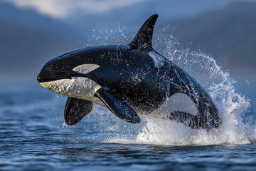 Obraz premium Orca whale breaching ocean water splash powerful leap marine mammal black white aquatic wildlife nature action