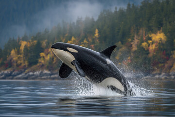 Fototapeta premium Orca whale breaching water near forest shore with autumn colors and misty atmosphere creating dynamic and lively natural scene full of energy and beauty