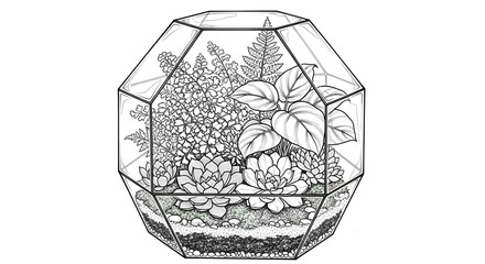 Geometric Terrarium with Succulents and Plants, Hand Drawn Sketch Style