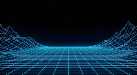 Glowing blue grid landscape with mountain range outline, dark starry sky background