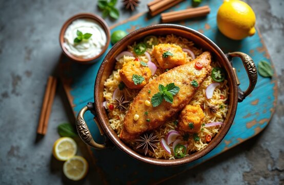 Aromatic fish biryani with fluffy basmati rice and spices. Served with cooling yogurt raita and garnished with fresh mint. Delicious Indian meal.