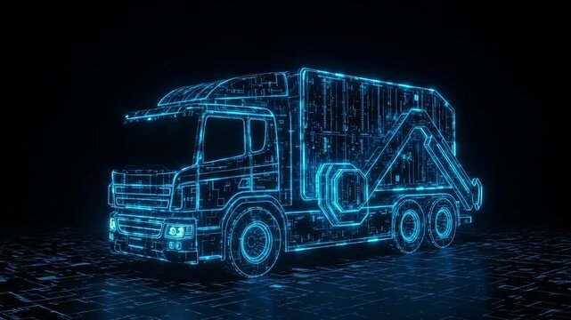 Glowing Digital-style Garbage Truck Appearing Futuristic Is Positioned Against Black Backdrop Technology The Environment It Is Possibly For Presentations The Concept Of Smart Waste M