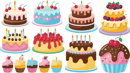 Assortment of Colorful Birthday Cakes and Cupcakes with Candles Keywords: birthday, cake, cupcake, celebration, party, dessert