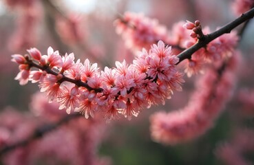 Delicate pink flowers bloom on a slender branch in soft natural light. Small petals cluster together, creating a gentle floral pattern on the tree bough. New life emerges in this spring detail.