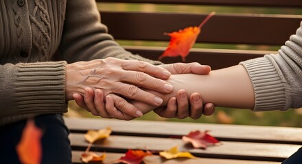 Obraz premium Elderly Woman’s Hands Tenderly Cradling Young Adult’s Forearm with Autumn Leaves