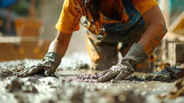 Woman's gloved hands working in wet mud at a construction site