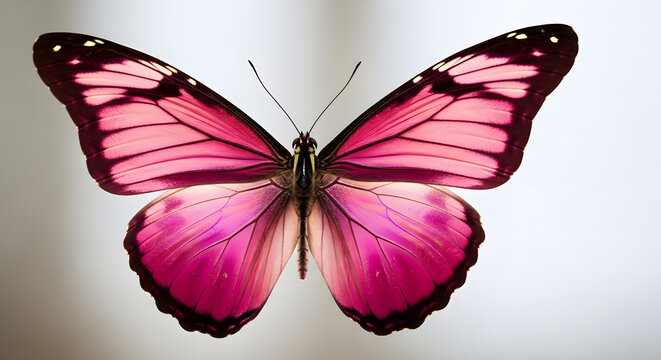 Vibrant Pink Morpho Butterfly with Detailed Wings Close-Up. Stunning close-up portrait of a vibrant pink and magenta butterfly (resembling a morpho-inspired or exotic species)