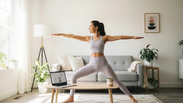 Young Woman Practices Yoga In Her Living Room Following Online Class On Her Laptop With Couch Plants Sunlight In The Background Promoting Wellness Home Fitness Routines