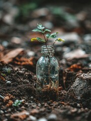 Fototapeta premium Transparent Bioplastic Bottle in Soil With Green Sprout Showcasing Natural Biodegradation and Eco-Friendly Practices