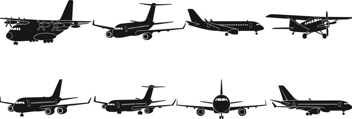 Collection Of Black Airplane Silhouettes In Different Views And Types aircraft © Shakila