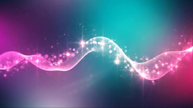 Wavy neon light trails dancing across vibrant gradient background with sparkling particles, viewed from a straight-on perspective