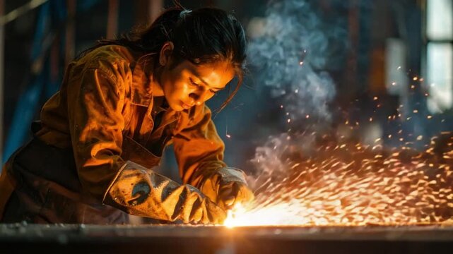 Skilled female welder working in industrial workshop with bright sparks