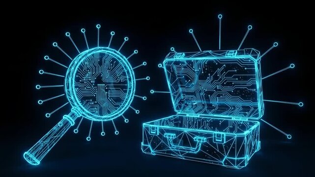 Glowing Digital Magnifying Glass Examining Open Suitcase With Circuit Board Designs On Black Background Data Analysis Cyber Security Concepts For Presentations Websites
