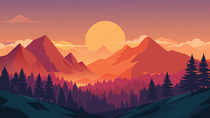 A vibrant and stylized landscape depicts silhouetted mountains under a large glowing orange sun high-quality © CreativeKamrul