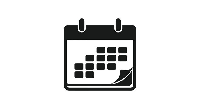 A simple black and white icon depicts a wall calendar with a flipped page symbolizing time and scheduling