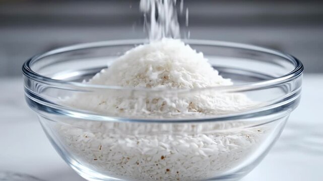 Fine white coconut flakes falling into a clear glass bowl