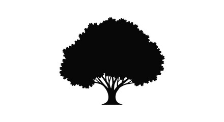 A stark black silhouette of a full leafy tree stands prominently against a bright white background high quality © AL-AMIN