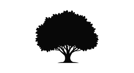 A stark black silhouette of a full leafy tree stands prominently against a clean white background high quality © AL-AMIN