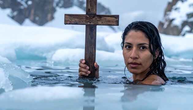 A person in icy water holds a wooden cross. Their gaze is direct, with a snowy mountain backdrop. The cross is centered