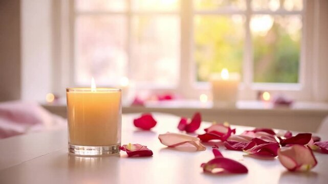 Romantic scene with lit candle and rose petals on a table by a window