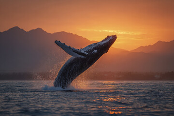 Fototapeta premium Humpback whale breaching ocean water with mountain silhouette and glowing orange sunset sky creating dramatic and peaceful natural scene