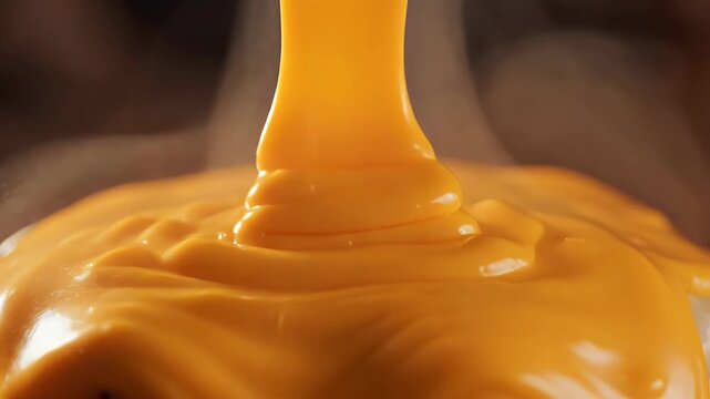 Hot liquid cheese sauce pouring onto food
