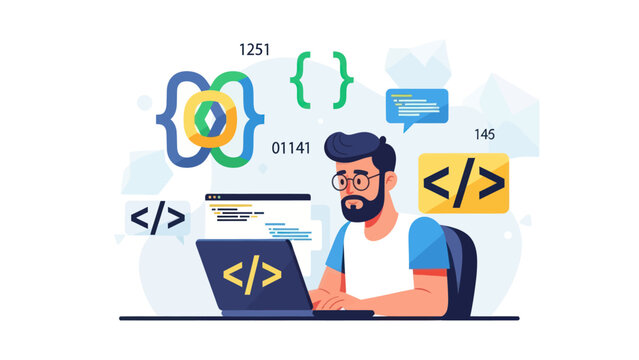 Man coding on laptop computer with code symbols.