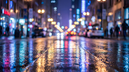 Obraz premium Vibrant city street at night with colorful neon reflections on wet asphalt creating a dynamic urban mood
