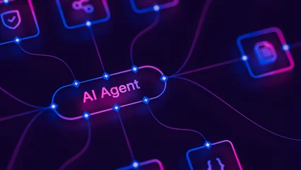 Fotobehang Restaurant AI workflow automation artificial intelligence agent software interface nodes triggers data tool dashboard coding icon flow process database technology 3d rendering.  © Chaosamran_Studio