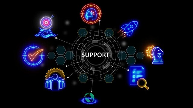 banner of support concept with icons of service, advice, assistance, help, cube glow with and holographic futuristic technology matrix global 