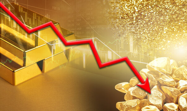 Falling gold prices. Gold bars with financial chart and down arrow
