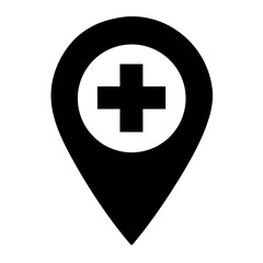 Fototapeta premium Black and white icon of a medical location pin with a cross symbol