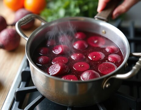 Red beets boil in water inside metal pot on gas stove. Steam rises from bubbling liquid, showing healthy food prep. Cooking vegetable at home kitchen for meal.