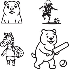 Cartoon animal sports players and sad groundhog vector icon set, black and white line art, isolated on white