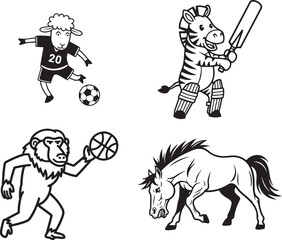 Vector black and white animal sports icons: sheep playing soccer, zebra playing cricket, baboon playing basketball, horse running, isolated on white
