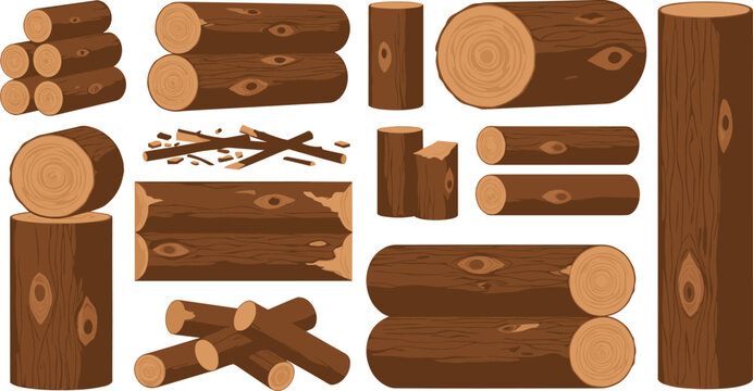 Set of various rustic wooden logs and timber tree trunks with detailed bark texture for carpentry woodworking and natural forest construction design