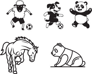 Vector black and white cartoon animals playing soccer and standing, sheep, dog, panda, horse, isolated on white