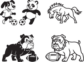 Vector cartoon animal mascots playing sports: dog soccer, panda soccer, horse running, bulldog football, isolated on white