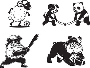 Vector cartoon animals playing sports: sheep with soccer ball, dogs playing hockey, bulldog baseball player, bulldog with football, isolated on white