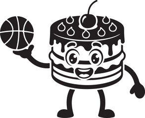 Cartoon cake character holding basketball vector illustration, black and white, isolated on white