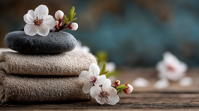 Zen Spa Composition With White Cherry Blossom On Stacked Brown Towels And Stone