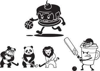 Black and white cartoon characters playing sports: cake playing basketball, coffee cup playing cricket, bulldog, panda, lion playing hockey, vector illustration isolated on white