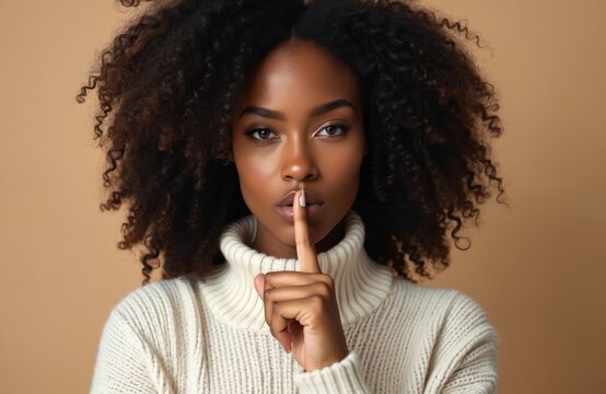 Young Black woman asks for silence with shush gesture. Girl keeps finger on lips. Person shares secret info, asks not spread gossip. Dark skinned female poses in studio, isolated on beige backdrop.
